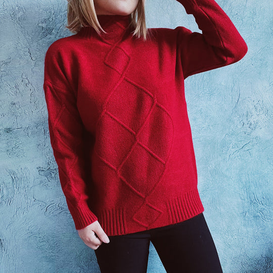 Damen Grobstrickpullover mit elegantem Rautenmuster und hohem Kragen Fudus