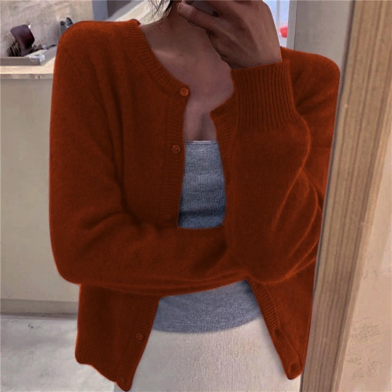 Damen kuschelige Strickjacke mit Rundhalsausschnitt und dekorativen Knöpfen Fudus