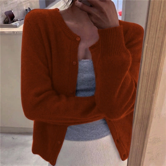 Damen kuschelige Strickjacke mit Rundhalsausschnitt und dekorativen Knöpfen Fudus