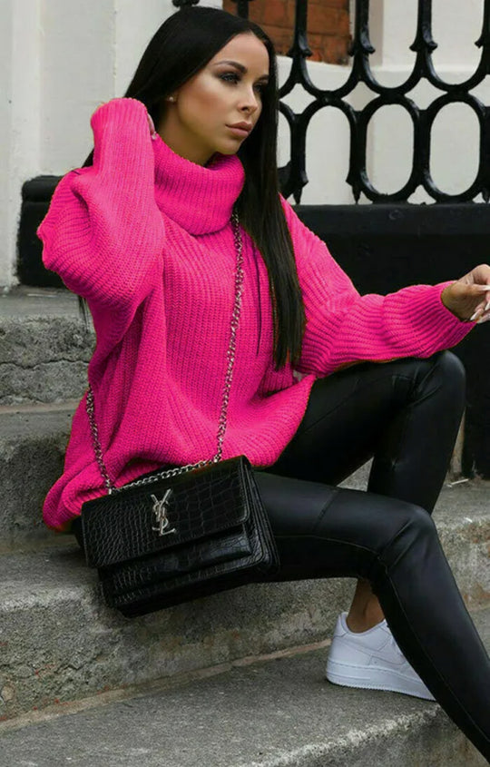 Damen Grobstrickpullover mit hochgeschlossenem Kragen und Struktur Fudus