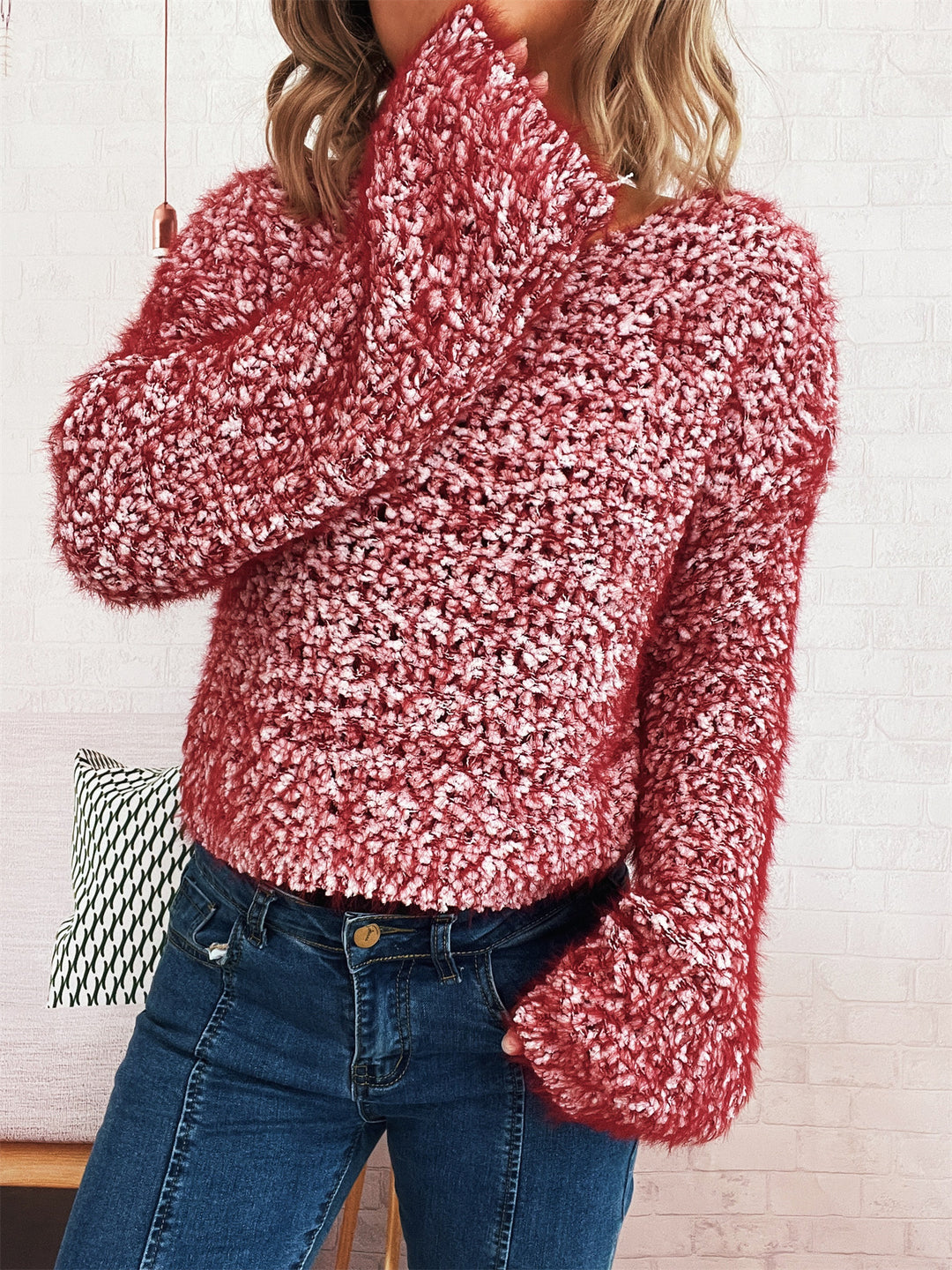 Damen kuscheliger Strickpullover mit auffälligem Flauschdesign und weitem Schnitt Fudus