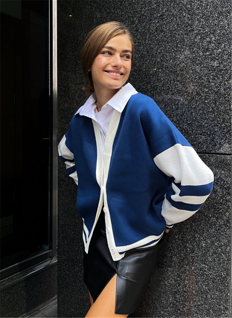 Damen Lässige Strickjacke mit Button-Down-Design und kontrastierenden Besätzen Fudus
