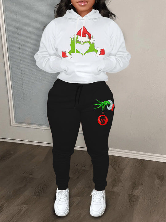 Damen Hoodie und Jogginghose Set mit kreativem Weihnachtsmotiv und bequemen Schnitt Fudus