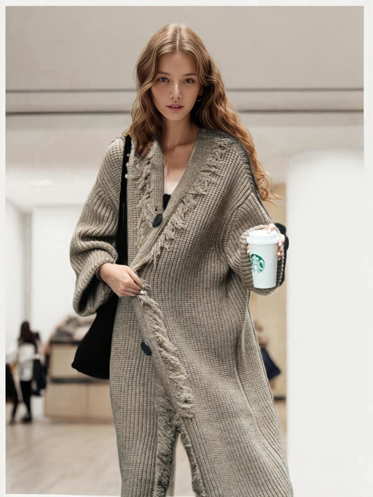 Damen Grobstrickcardigan mit lässigem Fransen-Design Fudus