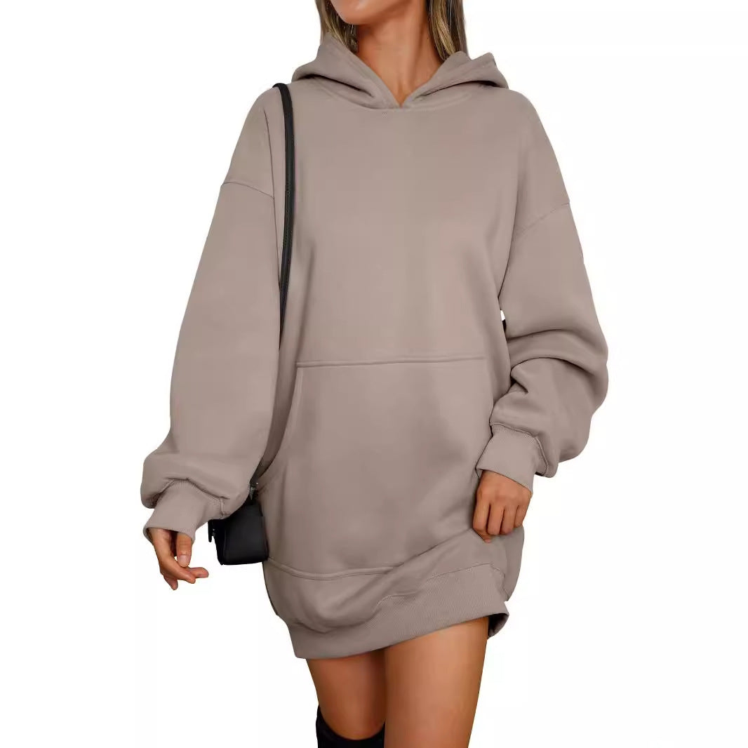 Damen Hoodie-Kleid mit oversize Schnitt und Kängurutasche Fudus