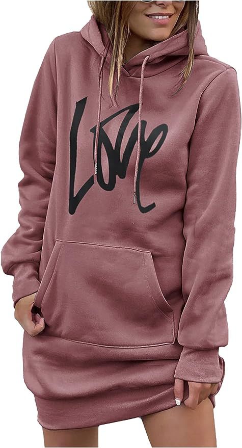 Damen Hoodie-Kleid mit Kängurutasche und auffälligem Schriftzug Fudus