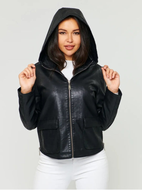 Damen Kunstlederjacke mit angeschnittenem Hoodie und praktischen Taschen Fudus