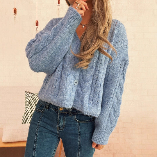 Damen kuschelige Strickjacke mit Zopfmuster und V-Ausschnitt Fudus