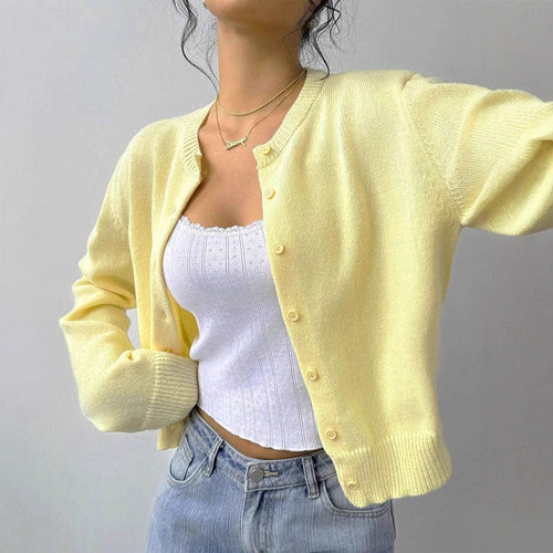 Damen Kurze Strickjacke mit Rundhalsausschnitt und Knopfverschluss Fudus