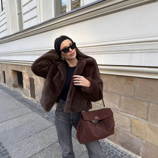 Damen Kunstfelljacke mit elegantem Stehkragen Fudus