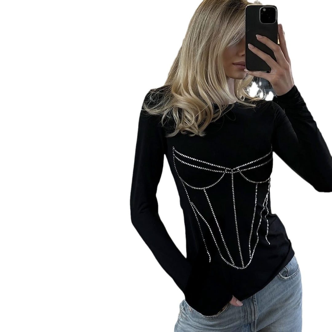 Damen Langarmshirt mit strassverziertem Corsagen-Design Fudus