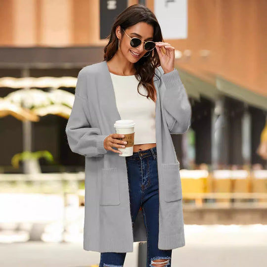 Damen langärmeliger Cardigan mit offenen Fronten und tiefen Taschen Fudus