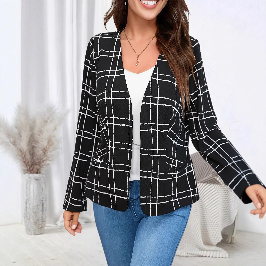 Damen lässige Blazerjacke mit Karo-Muster und Taschen Fudus