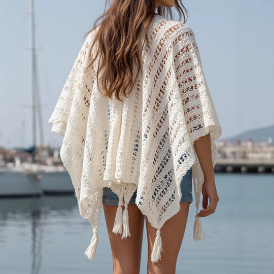 Damen Häkelponcho mit fransigen Säumen Fudus