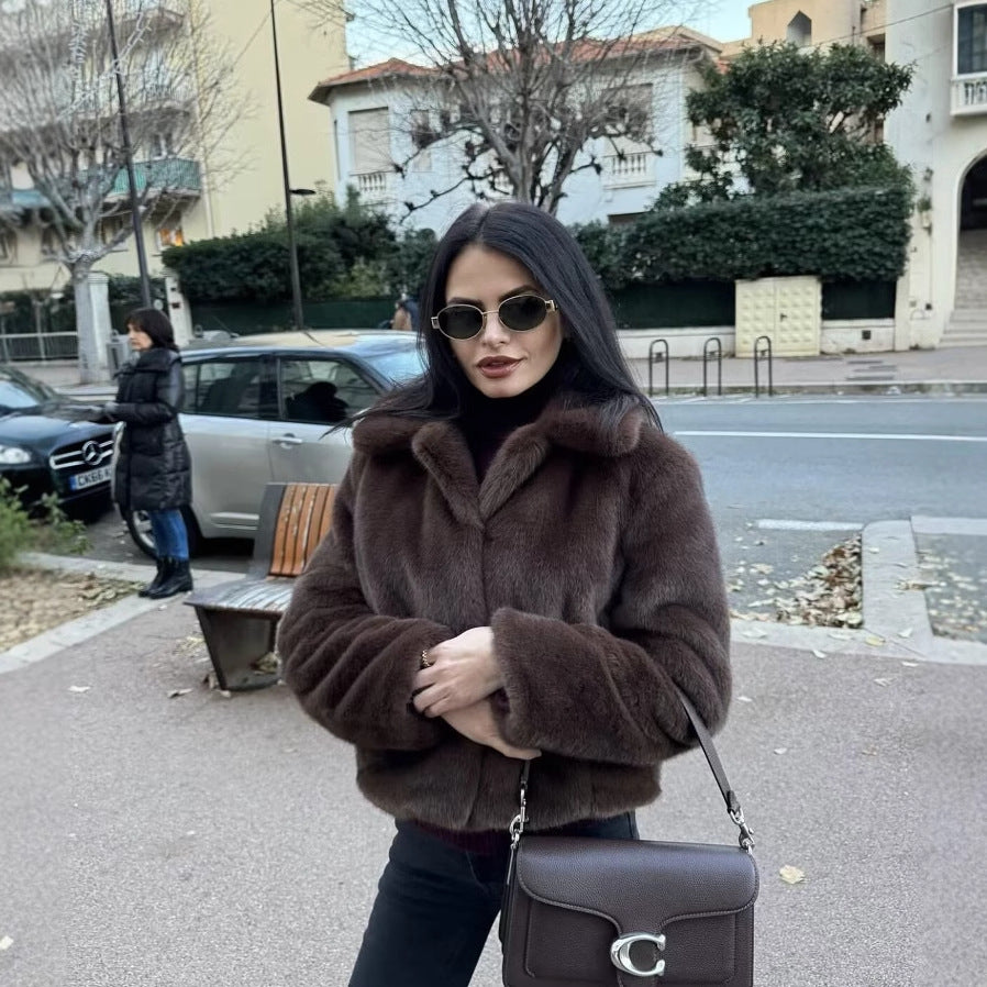 Damen Kunstfelljacke mit elegantem Stehkragen Fudus