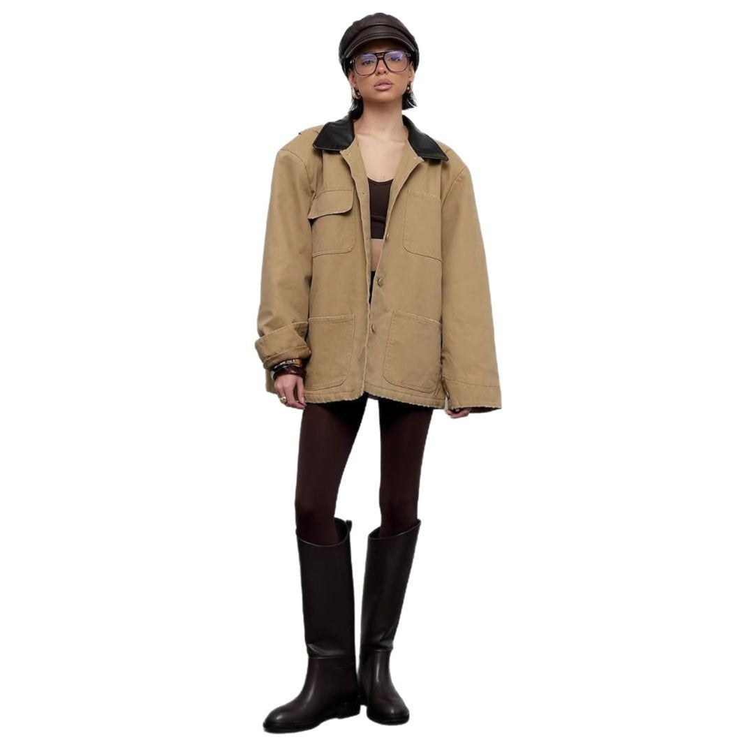 Damen lässige Oversized-Jacke mit ledernem Kragen und praktischen Taschen Fudus