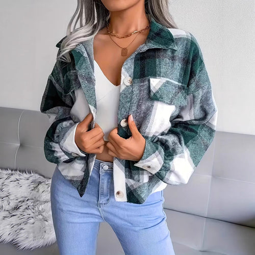 Damen Lässige Karobluse mit aufgesetzten Taschen und Knopfverschluss Fudus