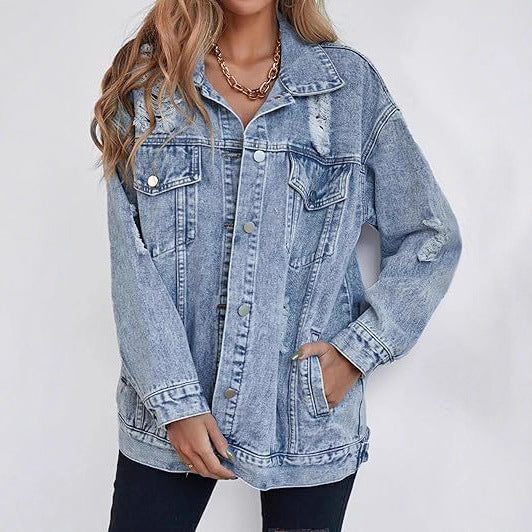 Damen Lässige Oversized Denimjacke mit Vintage-Details Fudus