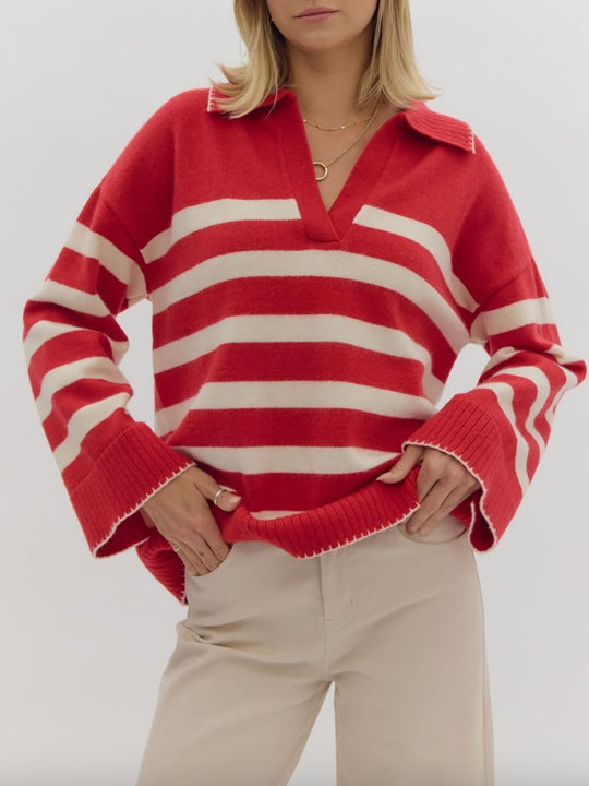 Damen kuschelige Strickpullover mit modernem Streifenmuster und V-Ausschnitt Fudus