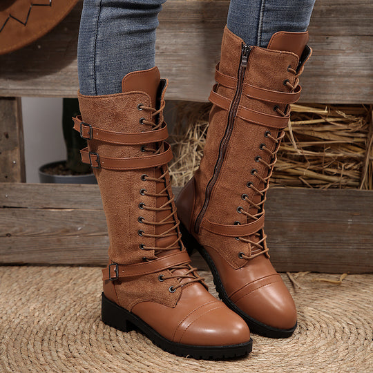 Damen Hohe Schnürstiefel mit dekorativen Riemen Fudus