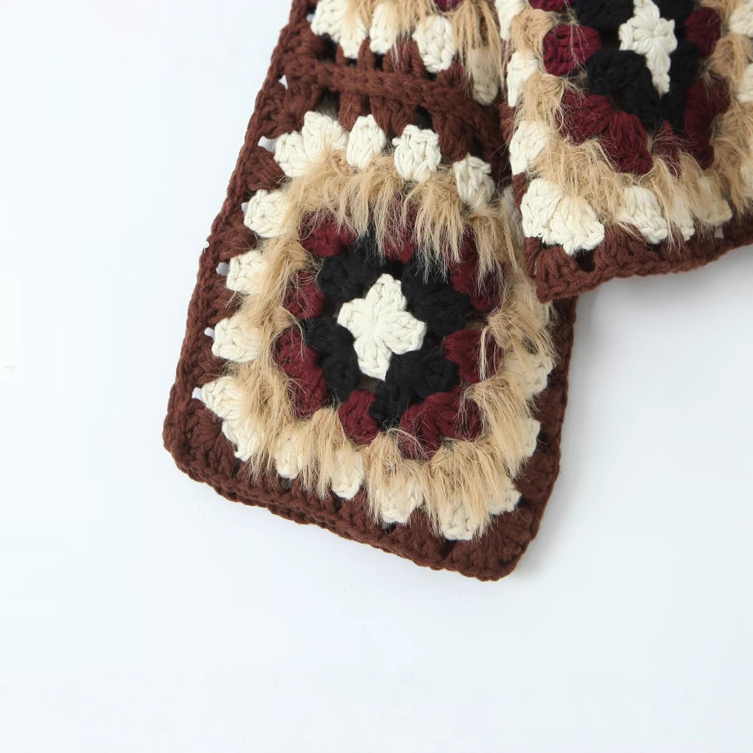 Damen lässige Strickjacke mit buntem Granny-Quadrat-Muster und Zipper Fudus