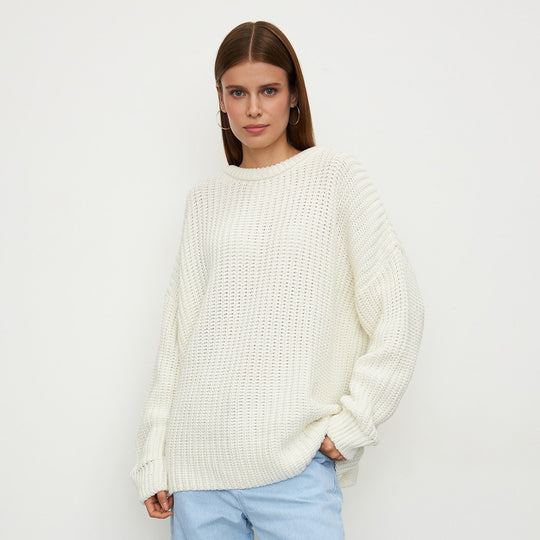 Damen Grobstrickpullover mit lässigem Schnitt und weitem Kragen Fudus