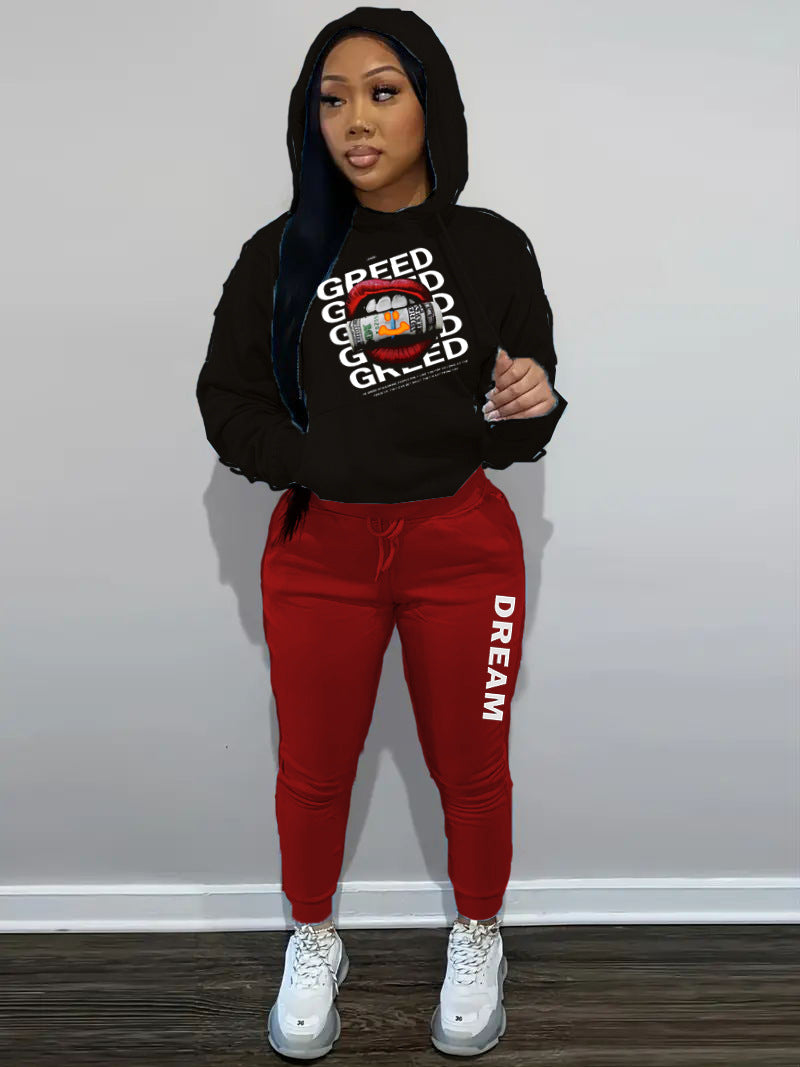 Damen Hoodie und Jogginghose Set mit kreativem Print Fudus
