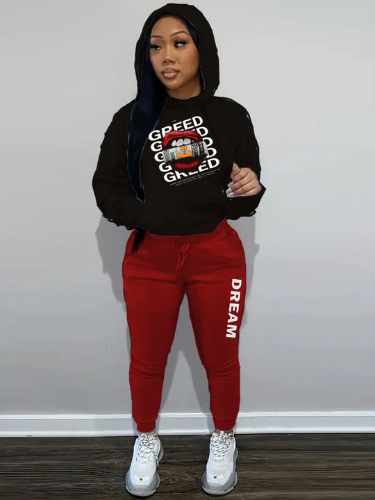 Damen Hoodie und Jogginghose Set mit kreativem Print Fudus