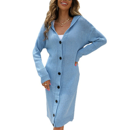 Damen Grobstrickjacke mit Kapuze und eleganten Knopfdetails Fudus