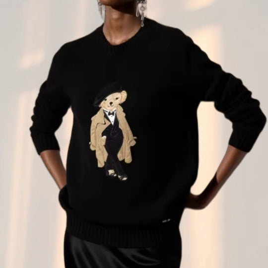 Damen kuscheliger Strickpullover mit dekorativem Bären-Motiv Fudus