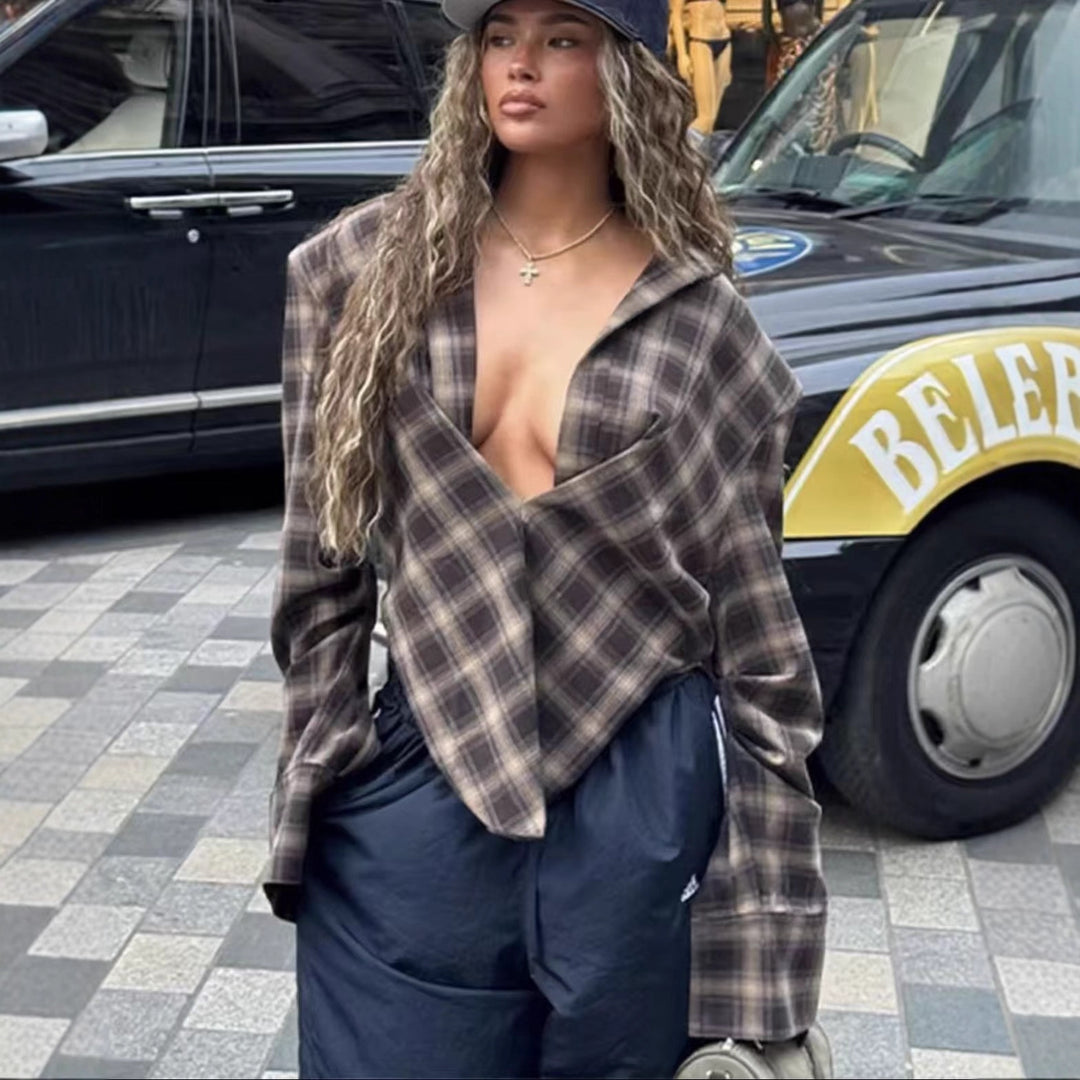 Damen lässige Karobluse mit asymmetrischem Schnitt Fudus