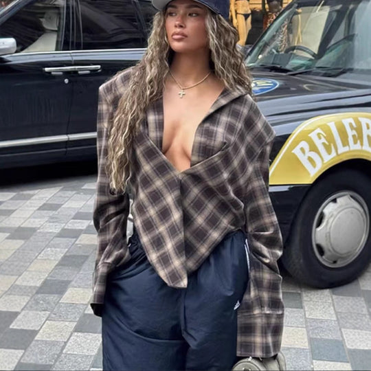 Damen lässige Karobluse mit asymmetrischem Schnitt Fudus