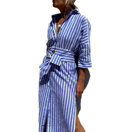 Damen Langarm-Hemdblusenkleid mit seitlichem Schlitz und Kordelzug Fudus