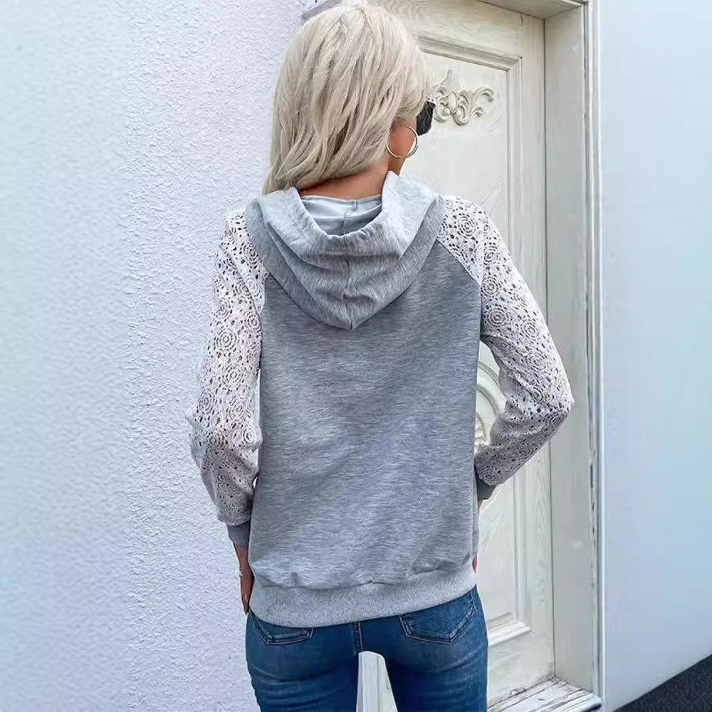 Damen modischer Kapuzenpullover mit Spitzenärmel Fudus