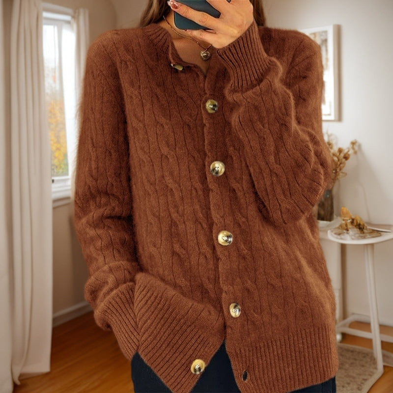 Damen Kaschmir Strickjacke mit Knopfverschluss und strukturiertem Zopfmuster Fudus