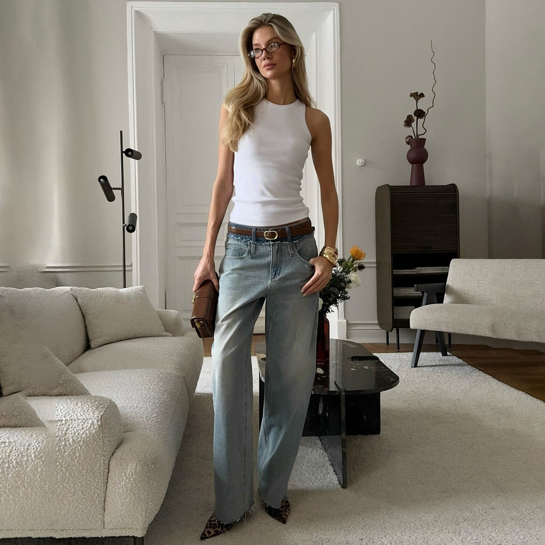 Damen lässige High-Waist Jeans mit weitem Bein und einzigartiger Waschung Fudus