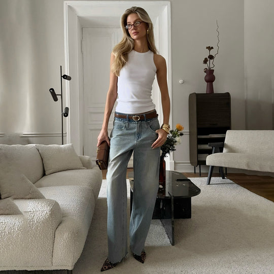 Damen lässige High-Waist Jeans mit weitem Bein und einzigartiger Waschung Fudus