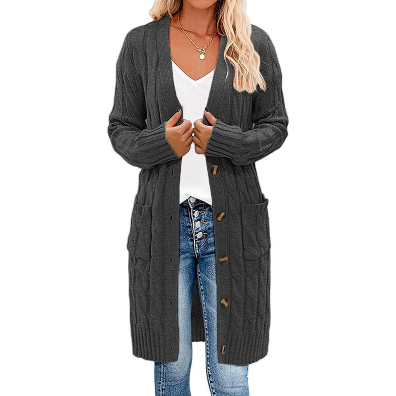 Damen Langer Strickcardigan mit Kabelmuster und Taschen Fudus