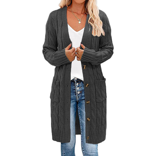 Damen Langer Strickcardigan mit Kabelmuster und Taschen Fudus