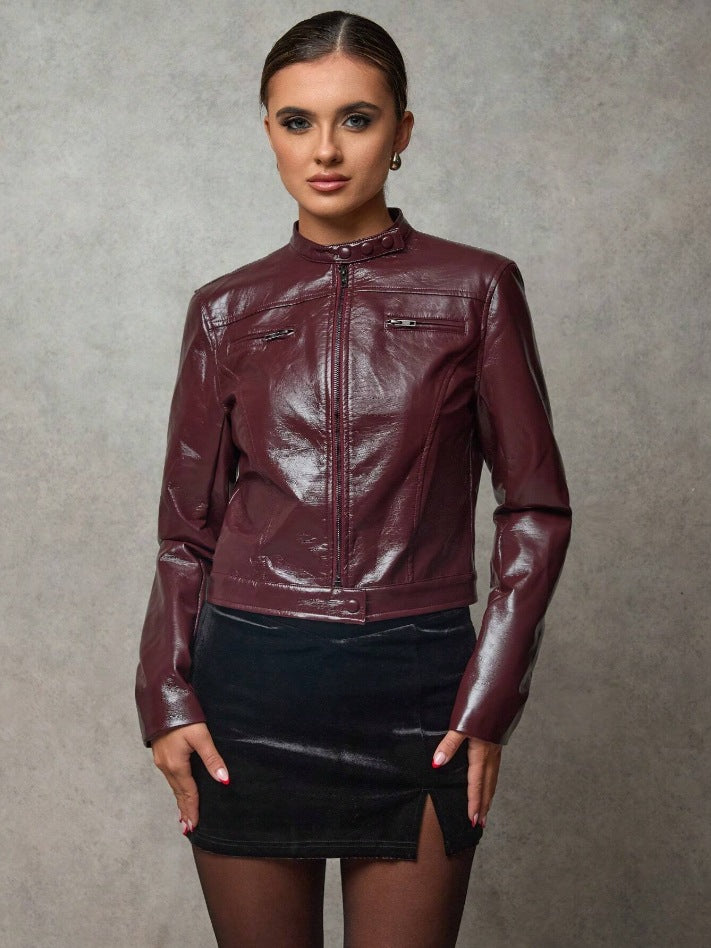 Damen Kurze Kunstlederjacke mit asymmetrischem Schnitt Fudus