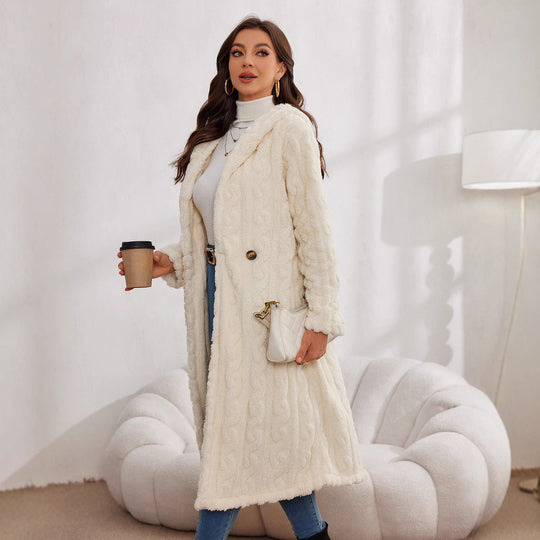 Damen Langer Plüsch-Mantel mit Kapuze Fudus