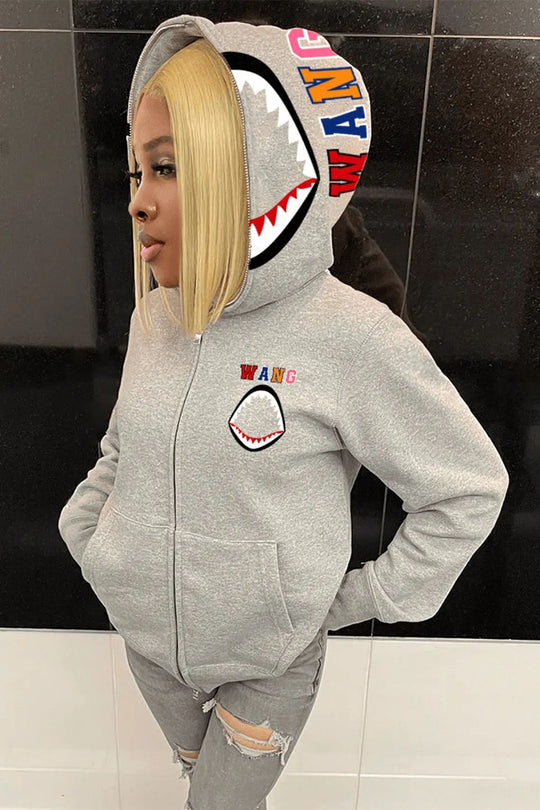 Damen Kapuzenjacke mit kreativem Haifischdesign und moderne Stickereien Fudus