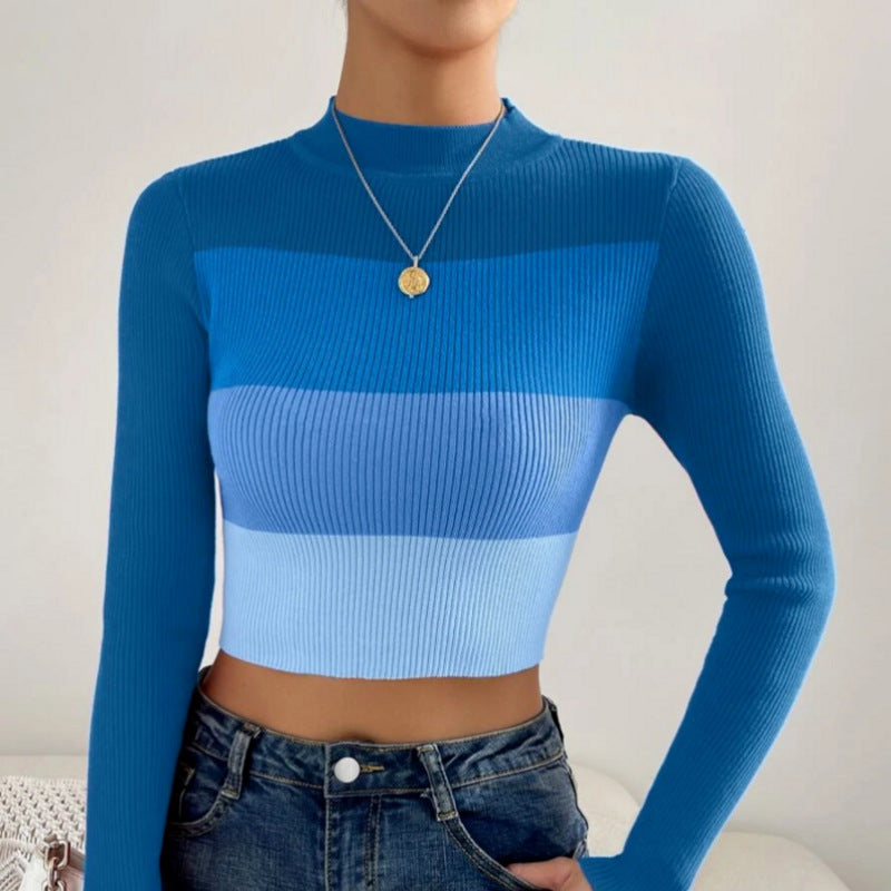 Damen Modischer cropped Strickpullover mit langen Ärmeln und Farbverlauf Fudus