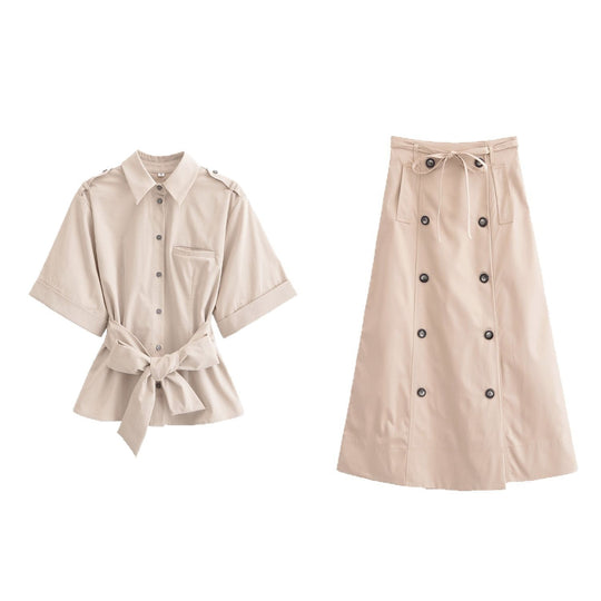 Damen Kurzarmbluse mit taillierbarem Gürtel und praktischem Taschen-Design Fudus