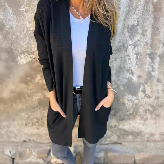 Damen Langstrickjacke mit praktischen Taschen und elegantem V-Ausschnitt Fudus