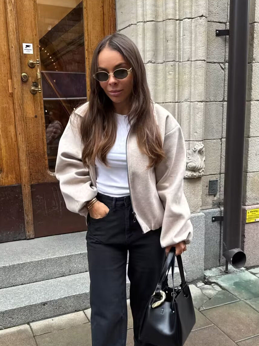 Damen lässige Blousonjacke mit elastischem Bund und praktischen Taschen Fudus