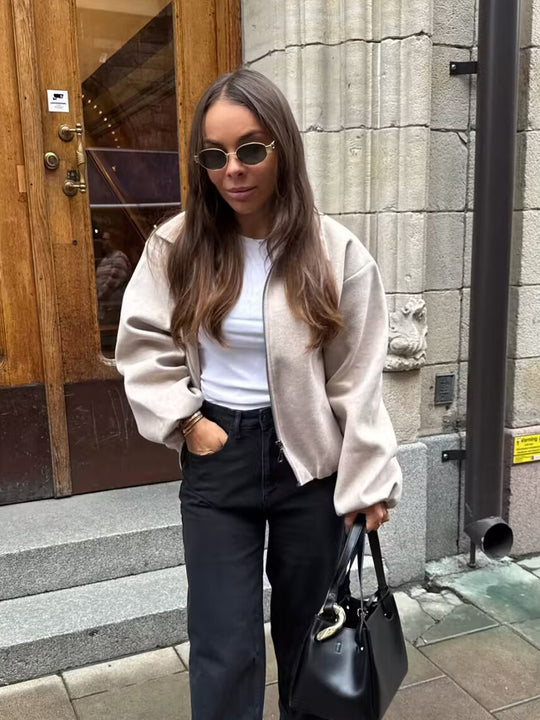 Damen lässige Blousonjacke mit elastischem Bund und praktischen Taschen Fudus