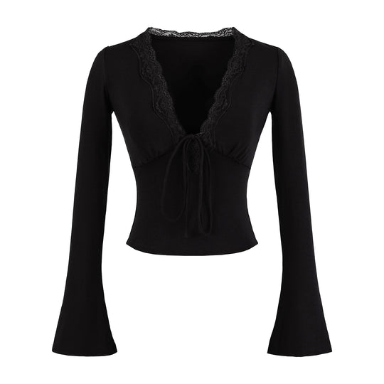 Damen langärmliges Oberteil mit Rüschendetails und eleganter Schnürung Fudus