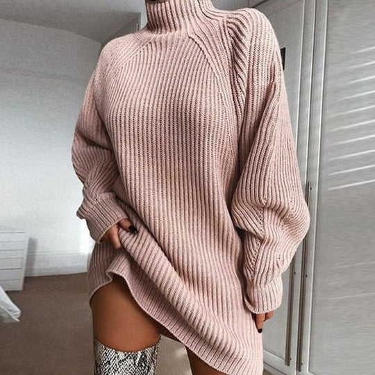 Damen Grobstrickpullover mit hohem Kragen und asymmetrischem Saum Fudus