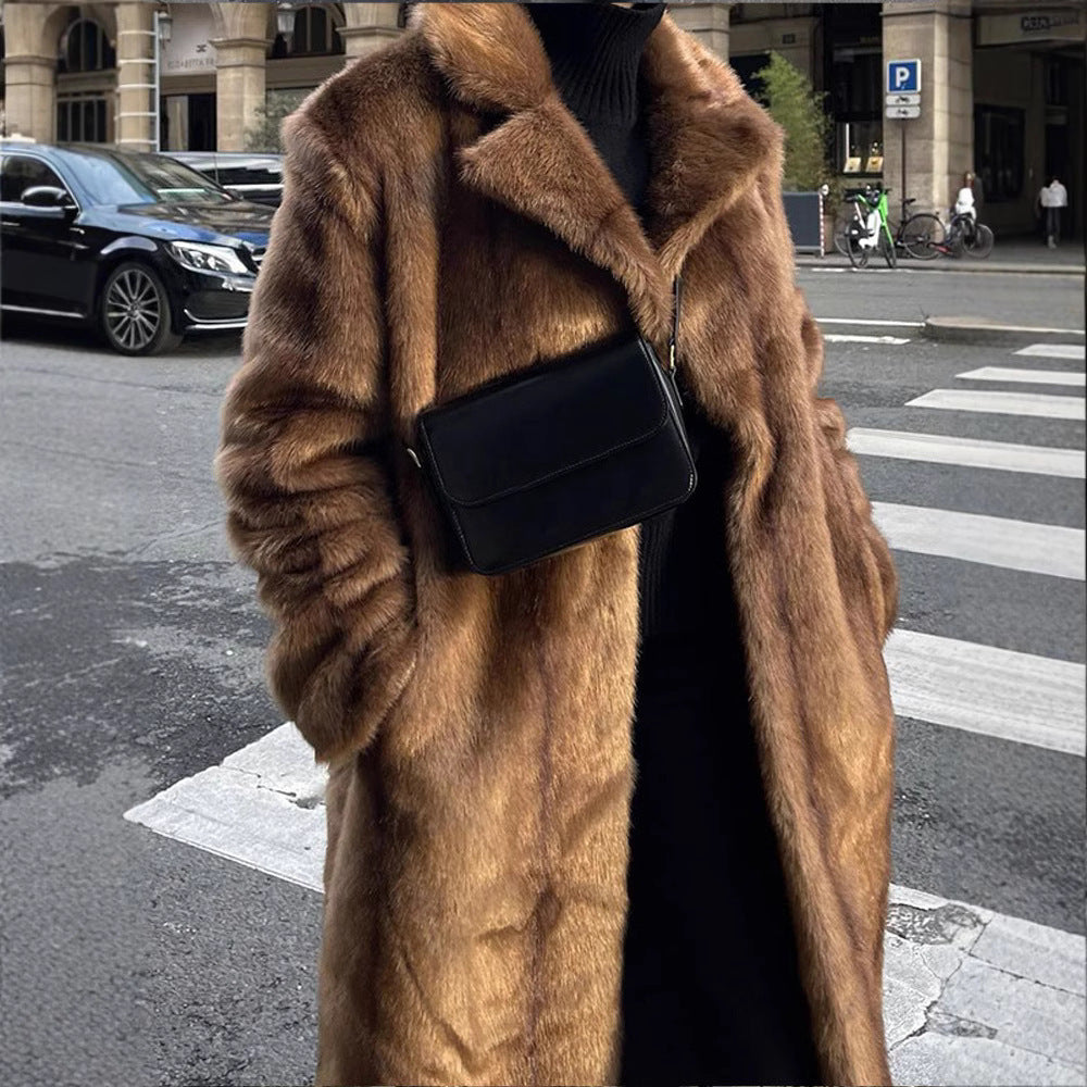 Damen Langer Kunstfellmantel mit breitem Revers und lässigem Schnitt Fudus